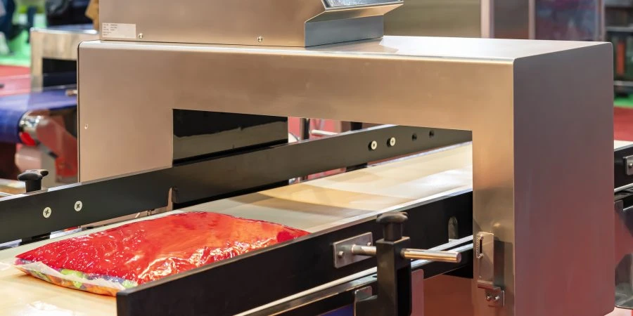 Meat bag on conveyor pass detection coil of metal detector machine for manufacturing process of food industrial
