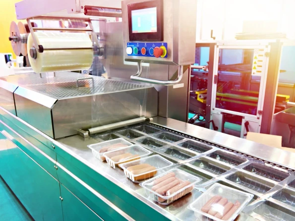 Plastic containers with sausages on conveyor at food factory