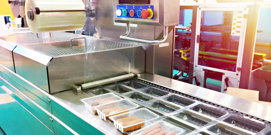 Plastic containers with sausages on conveyor at food factory