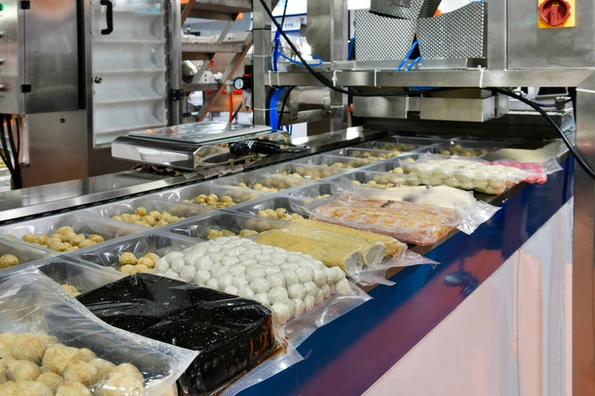 Automatic meatballs, pork, slices fresh meat, food production line on conveyor belt equipment machinery in factory